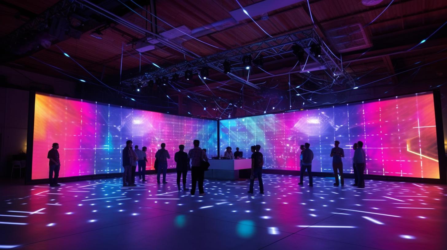 Un grupo de personas se encuentra en una sala electrónica con grandes pantallas LED, donde estructuras flotantes y exhibiciones interactivas crean una atmósfera nostálgica, todo en tonos de magenta oscuro y azul cielo.