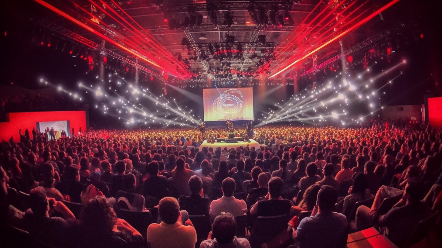 "Una multitud observa un escenario iluminado por luces rojas en una arena, con un ambiente de neo-academismo y extravagantes arreglos de mesa, todo en tonos de gris oscuro y ámbar claro."