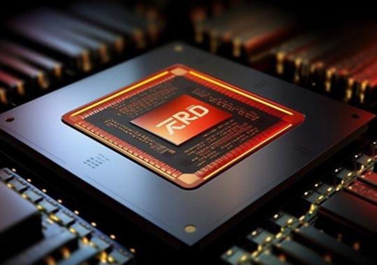 "Una CPU roja con el logo de AMD en la parte superior, presentada en un estilo de indigo oscuro y ámbar claro, que evoca invenciones radicales y una artesanía exquisita, con un toque de verde claro y dorado, crudo y vanguardista."