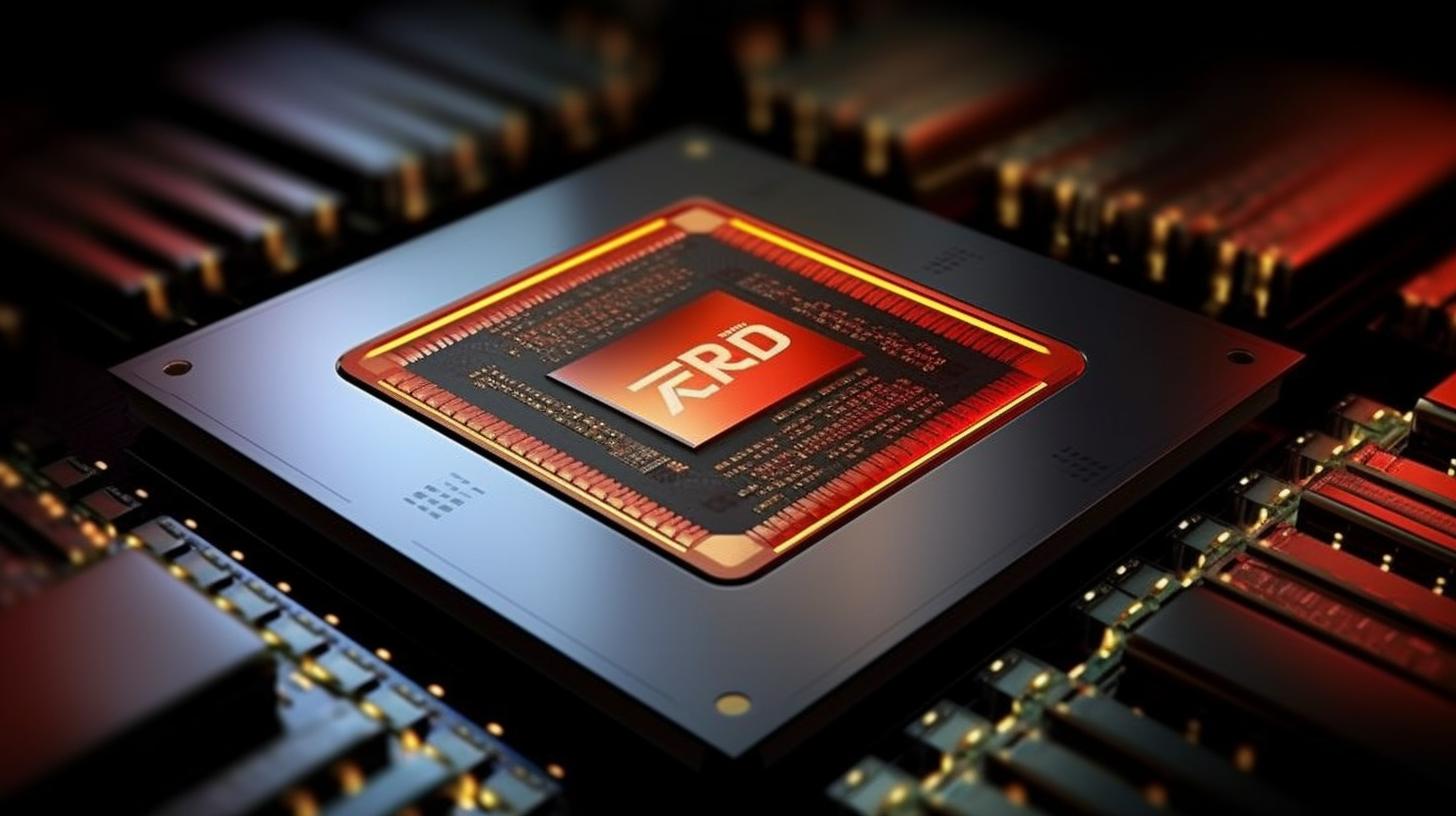 "Una CPU roja con el logo de AMD en la parte superior, presentada en un estilo de indigo oscuro y ámbar claro, que evoca invenciones radicales y una artesanía exquisita, con un toque de verde claro y dorado, crudo y vanguardista."