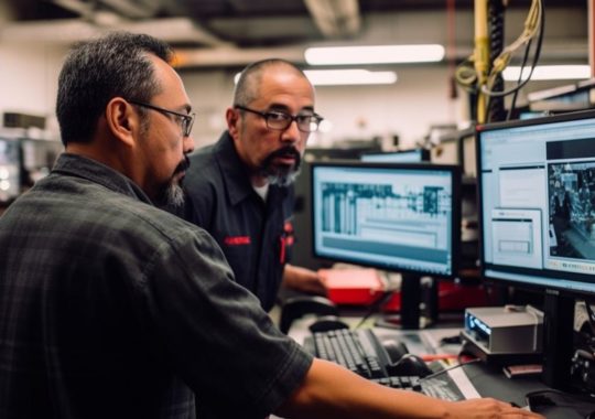 "Dos hombres inspeccionando una pantalla de computadora en una fábrica, fusionando las culturas mexicana y americana, con un estilo de líneas precisas y pesadas en tonos grises oscuros y rojos."