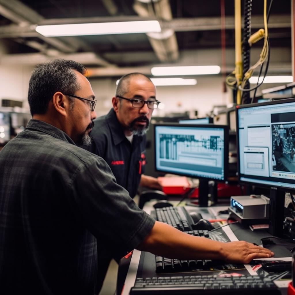 "Dos hombres inspeccionando una pantalla de computadora en una fábrica, fusionando las culturas mexicana y americana, con un estilo de líneas precisas y pesadas en tonos grises oscuros y rojos."