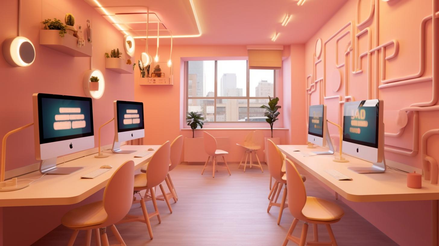 Una oficina rosa llena de escritorios, ventanas, lámparas y pantallas de computadora, diseñada con objetos 3D luminosos que crean un ambiente juguetón pero sofisticado, con tonos cálidos de naranja claro e índigo claro.