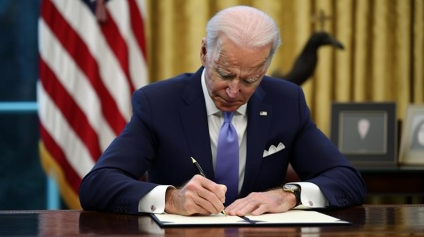 Joe Biden en la Casa Blanca firmando un documento en su escritorio, con un estilo de colores púrpura oscuro y ámbar, transmitiendo conciencia ambiental, con líneas de trabajo impecables y un fuerte sentido de realismo.