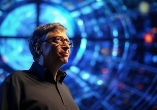 Bill Gates posando frente a un gran fondo de espacio azul, con un enfoque selectivo y una iluminación hábil que crea una armonía simétrica, en el estilo artístico de Ingrid Baars y George Perez.