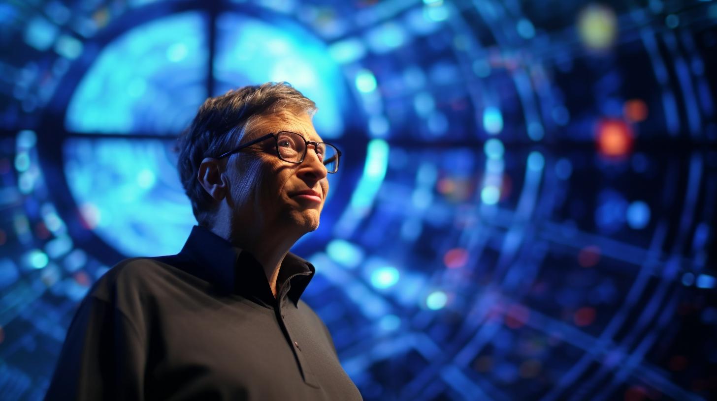 Bill Gates posando frente a un gran fondo de espacio azul, con un enfoque selectivo y una iluminación hábil que crea una armonía simétrica, en el estilo artístico de Ingrid Baars y George Perez.