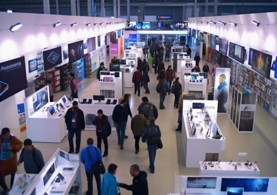 Una vista aérea de una multitud de personas navegando por una tienda de electrónica en un centro comercial, con un ambiente oscuro y temático de instalación interdisciplinaria.