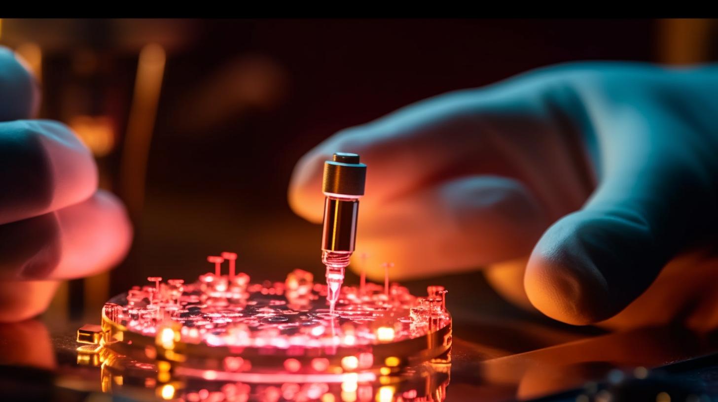 Un científico trabajando meticulosamente en un reloj bajo una iluminación de neón, con detalles intrincados y un ambiente de procesamiento cruzado.