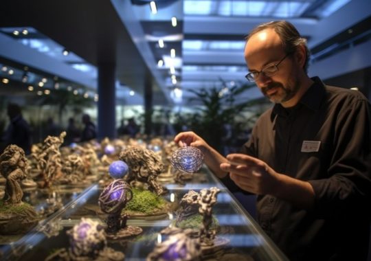 Un hombre con gafas observa detenidamente una serie de figurillas en un gabinete de vidrio, rodeado de esferas luminosas y un ambiente extravagante que recuerda al arte neo-concreto y la escuela de Heidelberg, con la sensación de estar en una exposición interactiva de D&D.