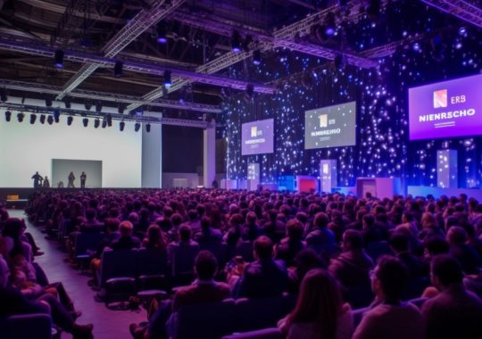 Una conferencia en un auditorio vacío, iluminada con tonos de violeta oscuro y azul, con fondos espectaculares en tonos de azul marino oscuro, ámbar claro, blanco luminoso y magenta.