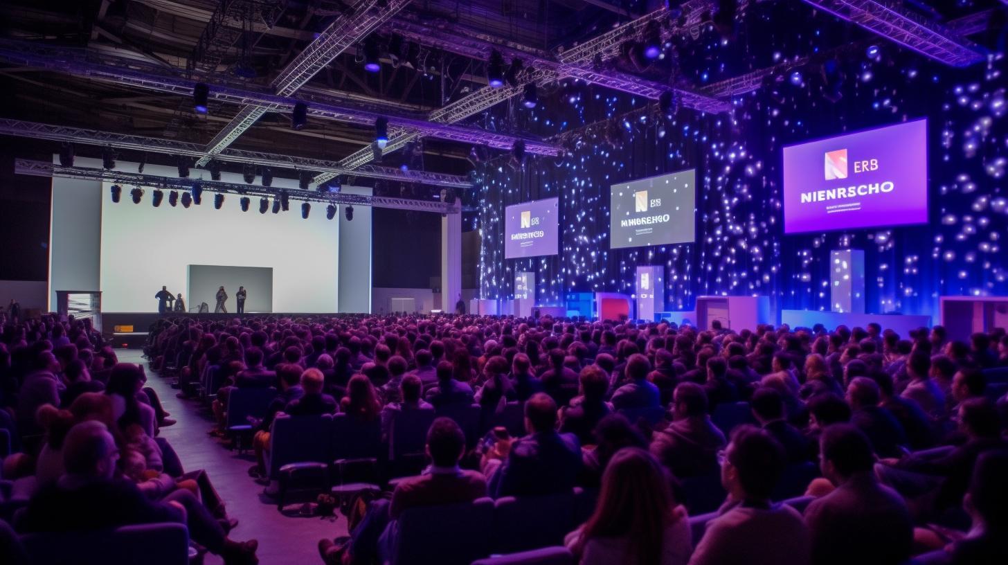 Una conferencia en un auditorio vacío, iluminada con tonos de violeta oscuro y azul, con fondos espectaculares en tonos de azul marino oscuro, ámbar claro, blanco luminoso y magenta.