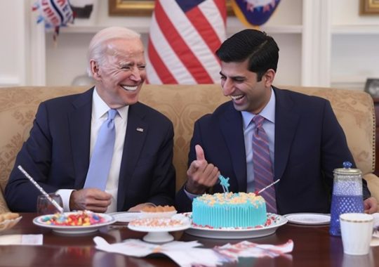 "Biden celebrando su 40 cumpleaños en su oficina con el Primer Ministro Ali Abu Hal, con un pastel de cumpleaños en la habitación, en un ambiente alegre y optimista lleno de comentarios sociales y políticos."