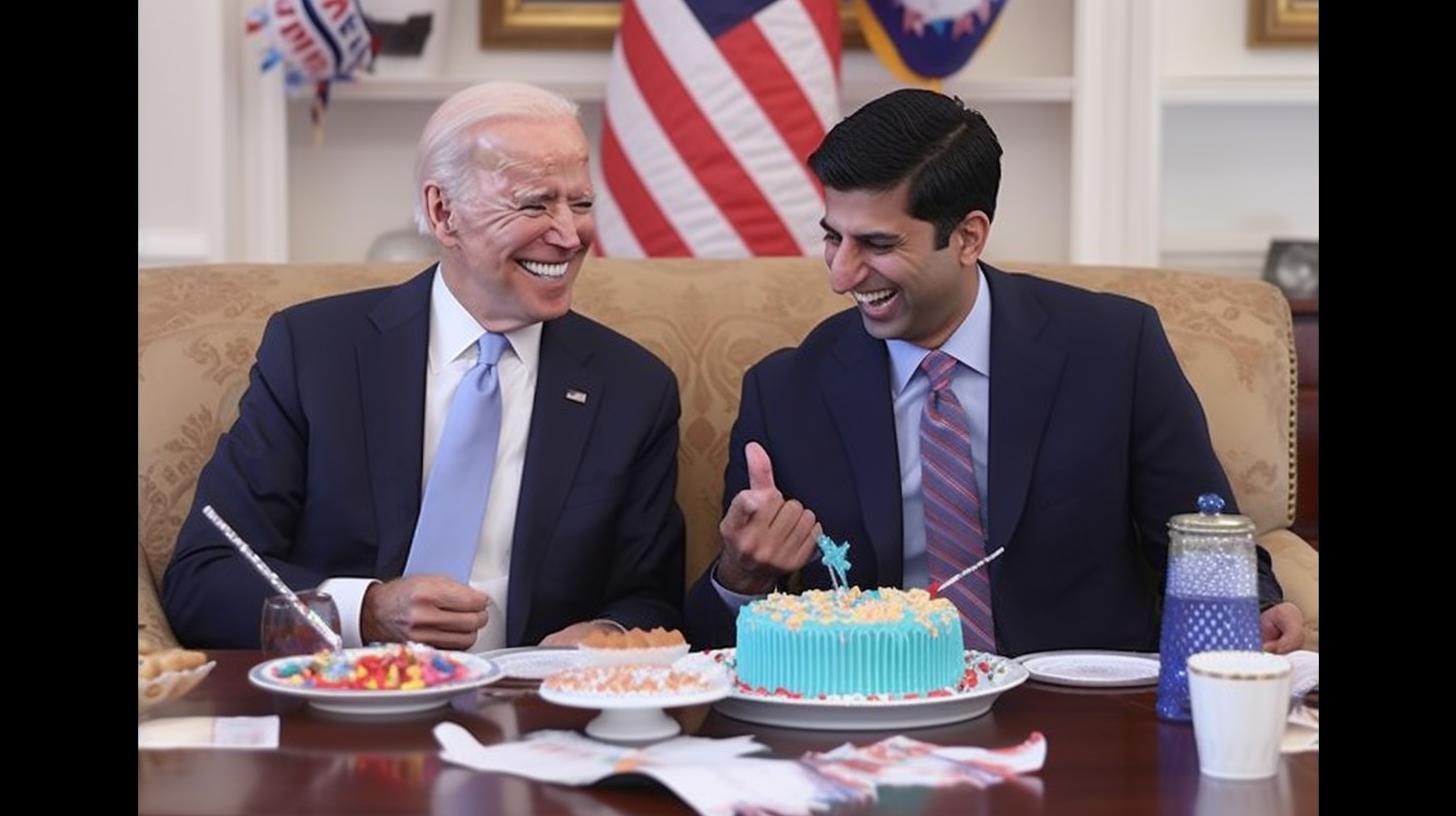 "Biden celebrando su 40 cumpleaños en su oficina con el Primer Ministro Ali Abu Hal, con un pastel de cumpleaños en la habitación, en un ambiente alegre y optimista lleno de comentarios sociales y políticos."