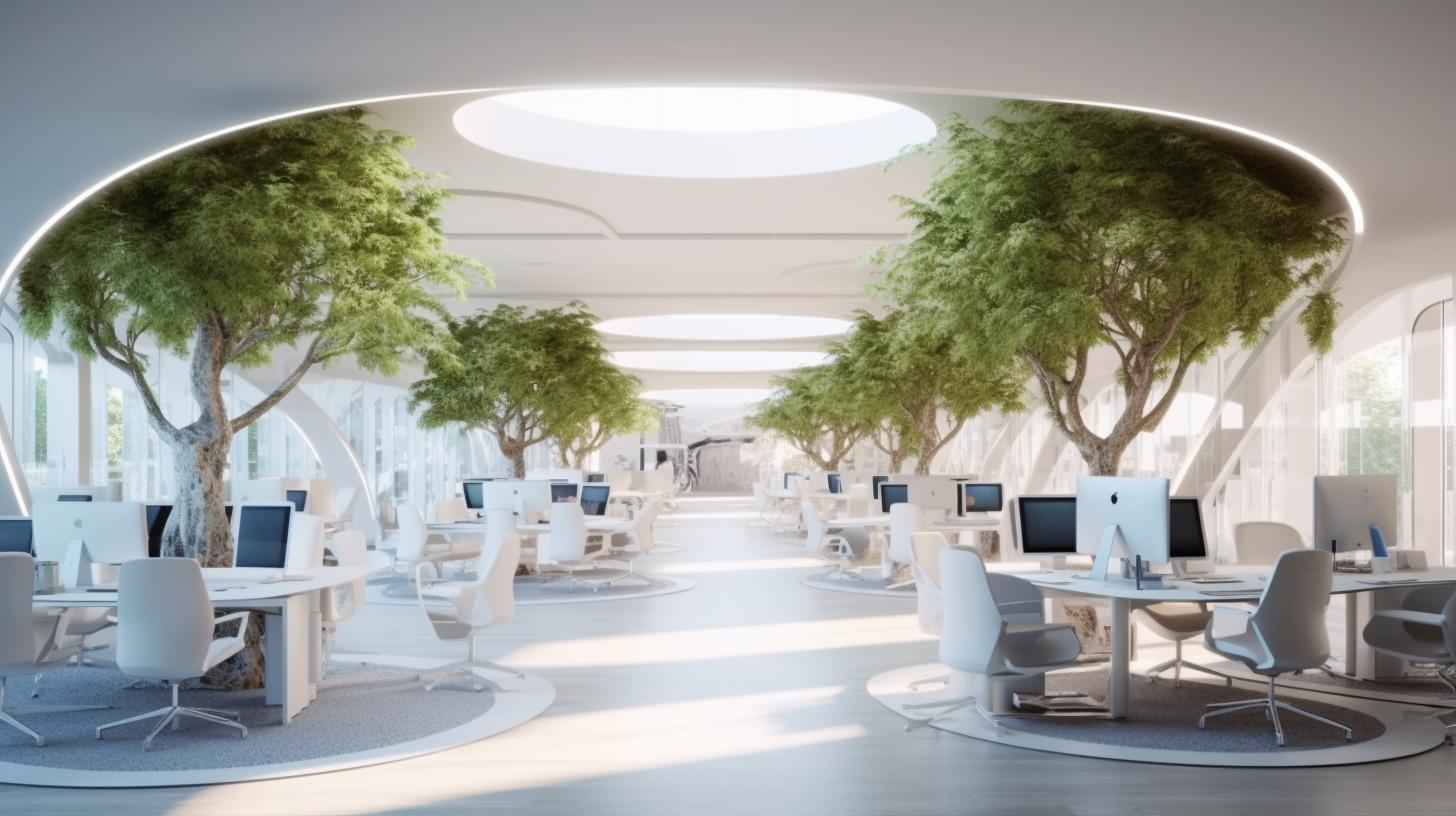 Una oficina abierta con árboles en el techo, ambientada en un estilo futurista glamuroso, con variaciones sutiles de color blanco y luz blanca, evocando una atmósfera inmersiva al estilo del maestro solarizador Jean Delville.