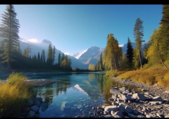 Un río sereno fluye a través de un paisaje montañoso, rodeado de árboles, bajo un cielo de tonos cian claro y ámbar oscuro, evocando una sensación de calma y meditación.