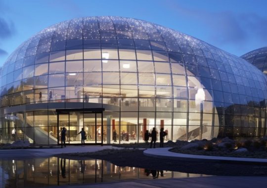 "Una cúpula de vidrio en Sydney, estilizada con arte nativo americano, de las Primeras Naciones y nativo de Alaska, con un toque de biología marina, sofisticación sutil y acabado metálico elegante, que representa el teatro."