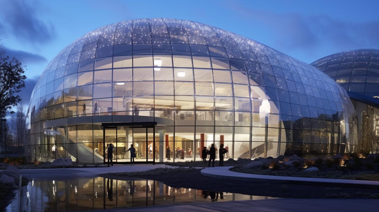 "Una cúpula de vidrio en Sydney, estilizada con arte nativo americano, de las Primeras Naciones y nativo de Alaska, con un toque de biología marina, sofisticación sutil y acabado metálico elegante, que representa el teatro."