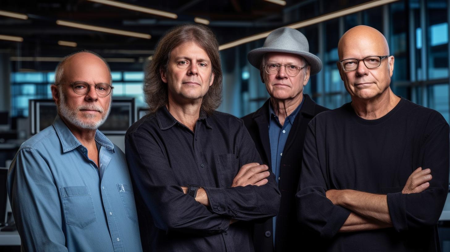 "Retrato intenso de cuatro hombres con los brazos cruzados, evocando el estilo clásico del rock, bajo una iluminación suave."