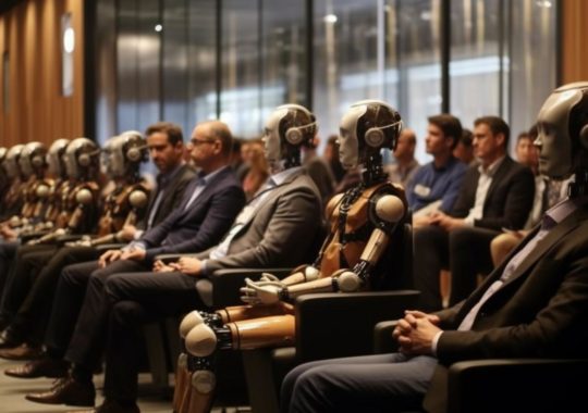 "Robots en formación humana sentados en filas en una sala, con un estilo neo-académico y criptopunk, en tonos grises oscuros y ámbar, evocando el arte de Karl Zerbe y Pierce Brosnan."