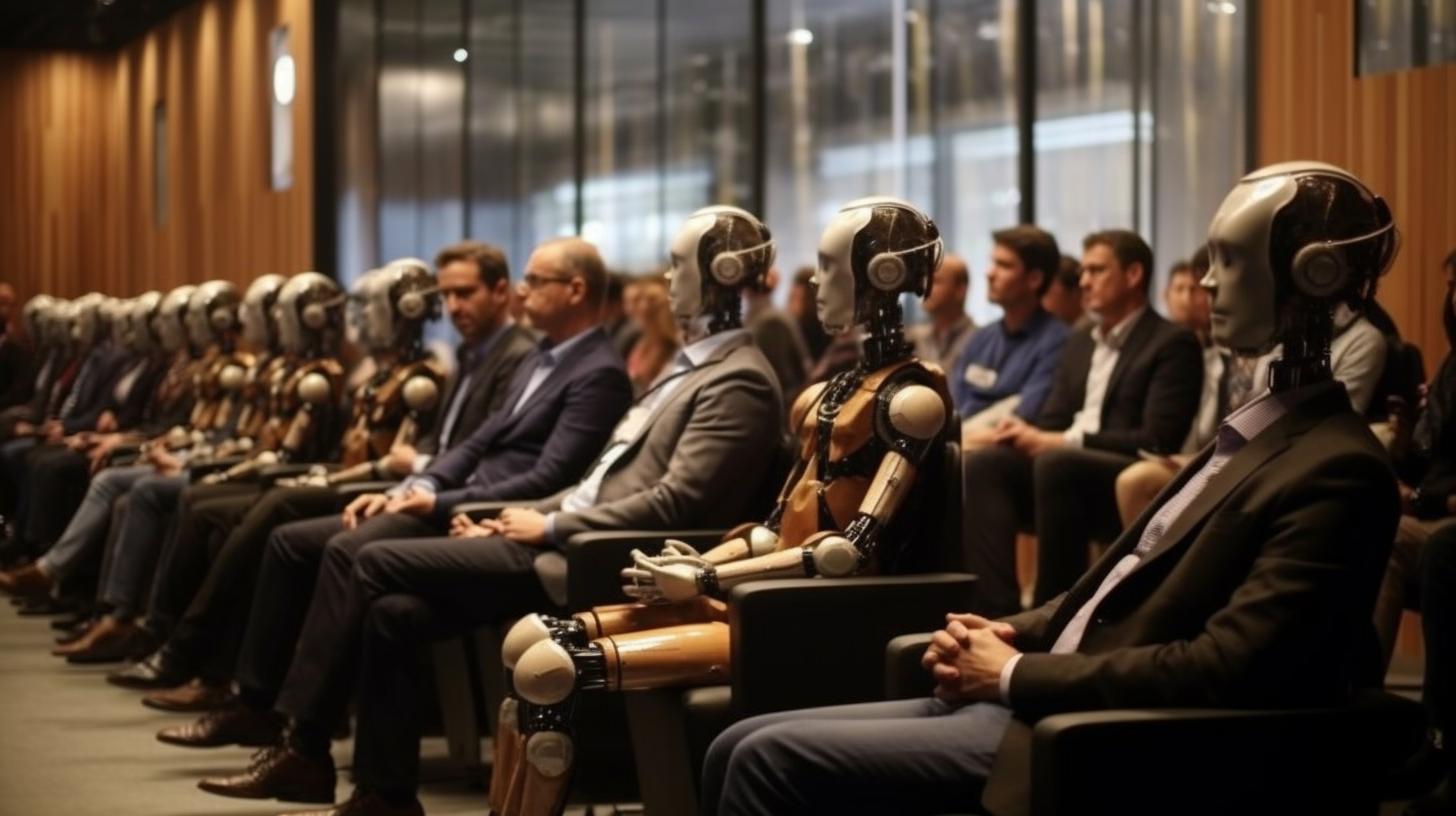 "Robots en formación humana sentados en filas en una sala, con un estilo neo-académico y criptopunk, en tonos grises oscuros y ámbar, evocando el arte de Karl Zerbe y Pierce Brosnan."