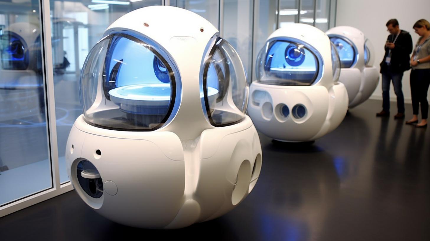 "Exposición de máquinas inteligentes con diseño de naves espaciales futuristas, vida marina hiperrealista y esferas luminosas en el vestíbulo de una academia de ciencias."