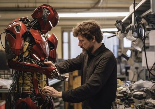 Un hombre trabajando meticulosamente en su obra y en el prototipo de Iron Man, en una escena rica e inmersiva, llena de autenticidad sin pulir y acción dinámica, con tonos amarillos y carmesí.