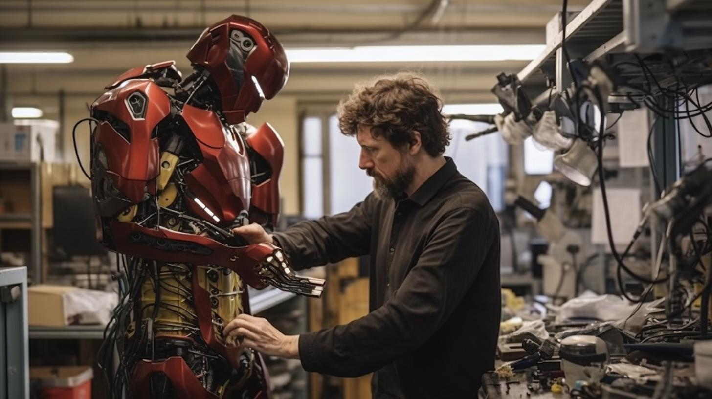 Un hombre trabajando meticulosamente en su obra y en el prototipo de Iron Man, en una escena rica e inmersiva, llena de autenticidad sin pulir y acción dinámica, con tonos amarillos y carmesí.