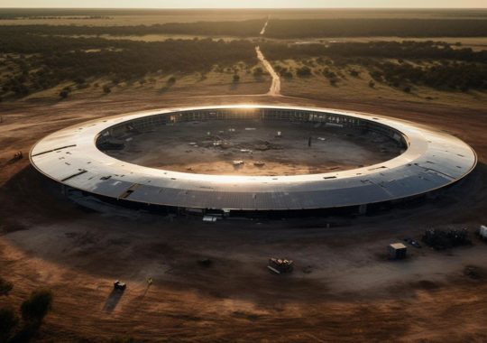 "Vista aérea de un edificio circular en el desierto, con un estilo de transformación brillante, paisajes australianos y una escala gigantesca, iluminado por una luz de borde."