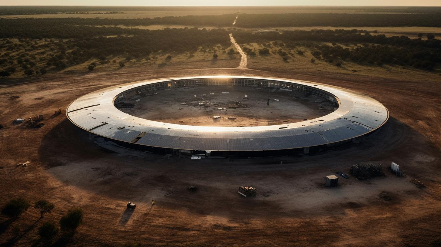 "Vista aérea de un edificio circular en el desierto, con un estilo de transformación brillante, paisajes australianos y una escala gigantesca, iluminado por una luz de borde."