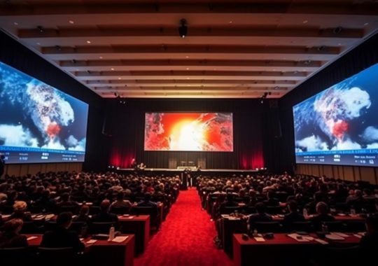 Una gran sala llena de personas observando proyecciones en pantallas gigantes, con explosiones de energía vívida en tonos grises oscuros y rojos, inspiradas en la grandeza bíblica y la estética japonesa, con un toque científico y dramático.