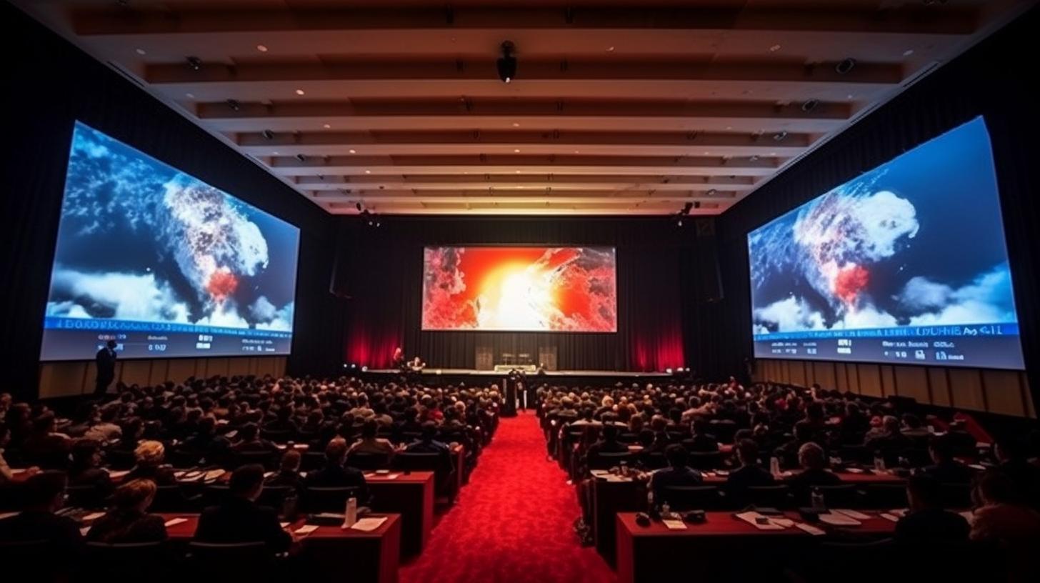 Una gran sala llena de personas observando proyecciones en pantallas gigantes, con explosiones de energía vívida en tonos grises oscuros y rojos, inspiradas en la grandeza bíblica y la estética japonesa, con un toque científico y dramático.