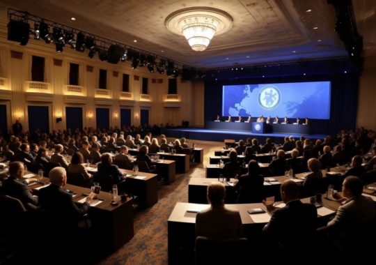 "Una conferencia en un auditorio lleno de personas, iluminada con tonos de bronce claro y azul oscuro, evocando escenas militares y navales, con rostros emotivos y elegantes bajo una luz intensa."