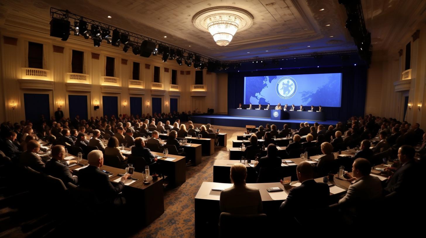 "Una conferencia en un auditorio lleno de personas, iluminada con tonos de bronce claro y azul oscuro, evocando escenas militares y navales, con rostros emotivos y elegantes bajo una luz intensa."