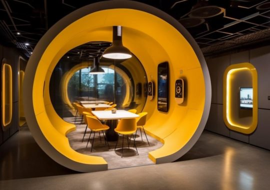 Una sala circular amarilla con sillas y una mesa, ambientada en un estilo futurista e industrial, evocando la interactividad de los medios y la icónica estética neo-concreta del artista Hendrick Cornelisz Vroom.