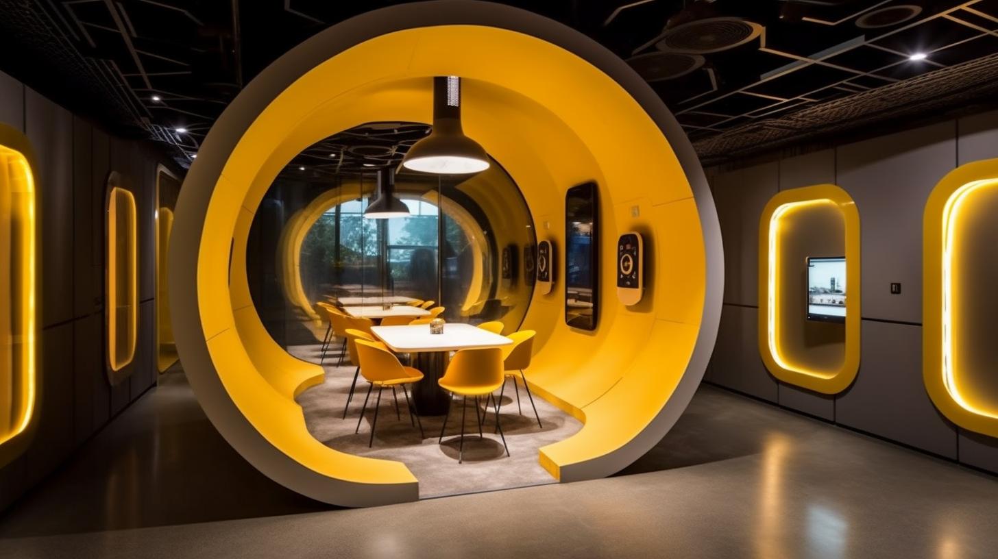 Una sala circular amarilla con sillas y una mesa, ambientada en un estilo futurista e industrial, evocando la interactividad de los medios y la icónica estética neo-concreta del artista Hendrick Cornelisz Vroom.