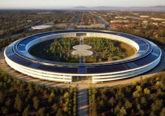 "Vista panorámica del icónico edificio circular de la sede de Apple, presentado en tonos de índigo claro y bronce oscuro, evocando un espectáculo espectacular de épocas y paisajes expansivos."