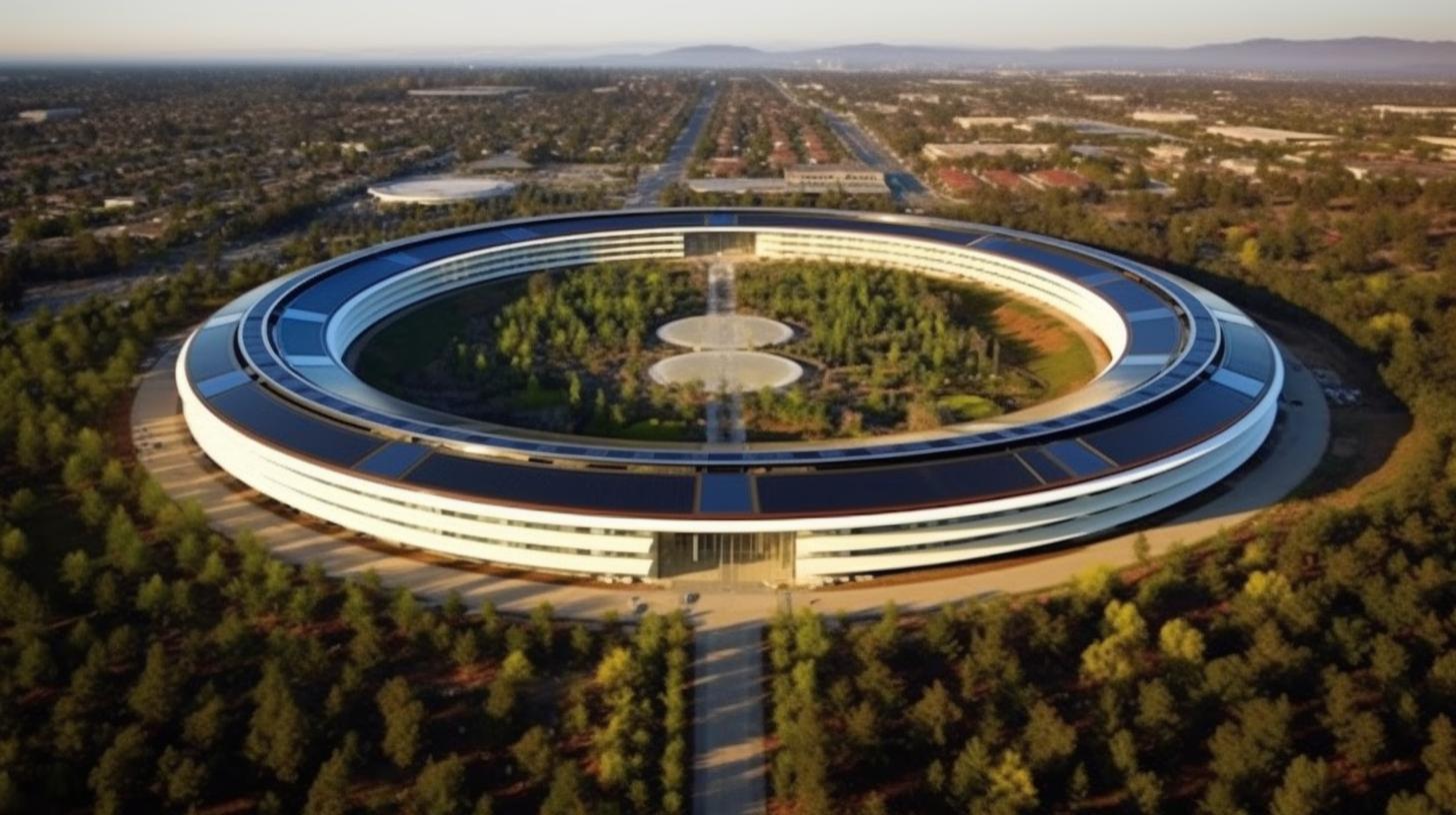 "Vista panorámica del icónico edificio circular de la sede de Apple, presentado en tonos de índigo claro y bronce oscuro, evocando un espectáculo espectacular de épocas y paisajes expansivos."