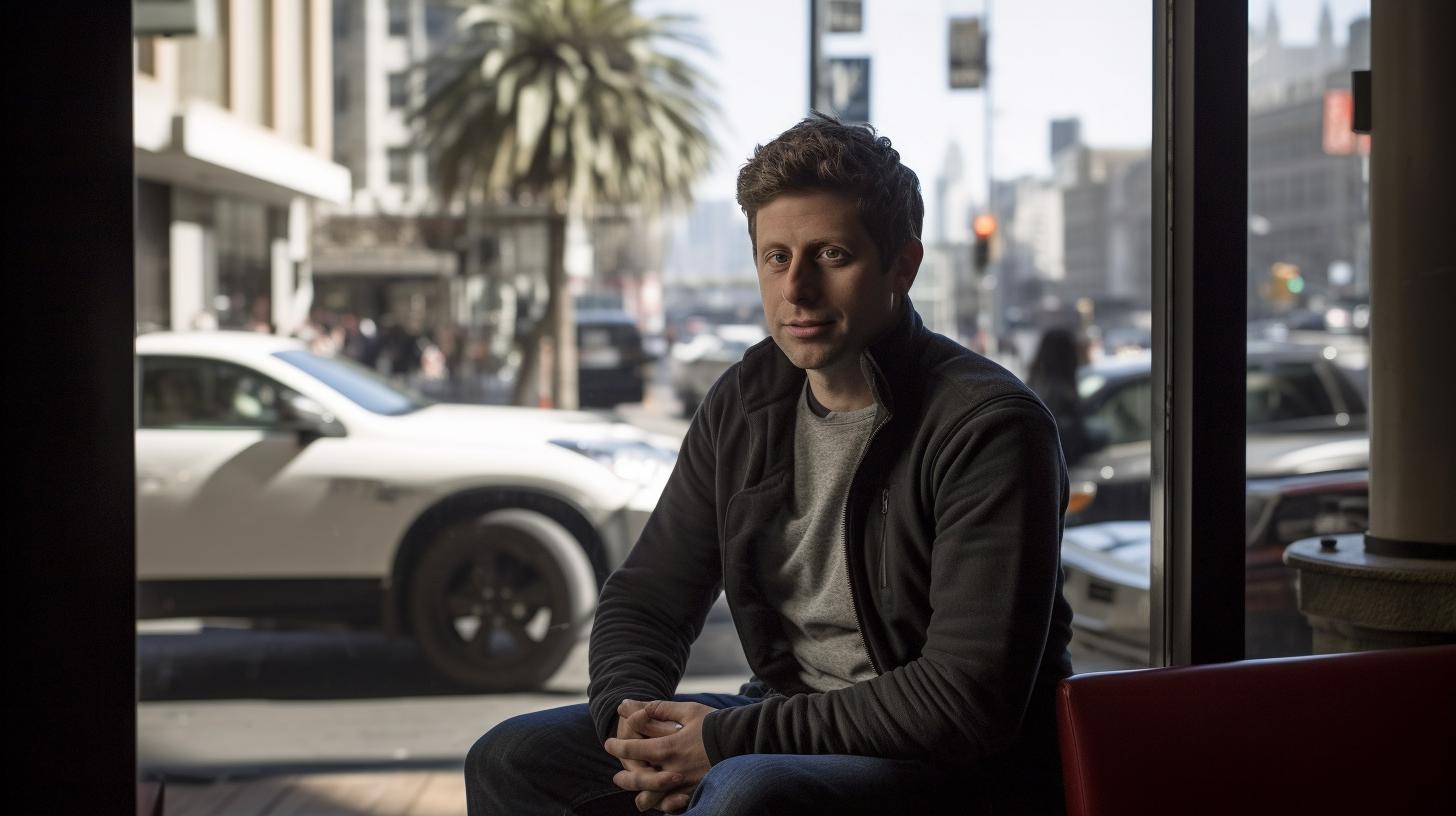 Un hombre sentado en un asiento de la calle frente a los autos, en una escena llena de luz con criaturas sobrenaturales, evocando el renacimiento de San Francisco, con líneas fluidas y estilo cinematográfico.