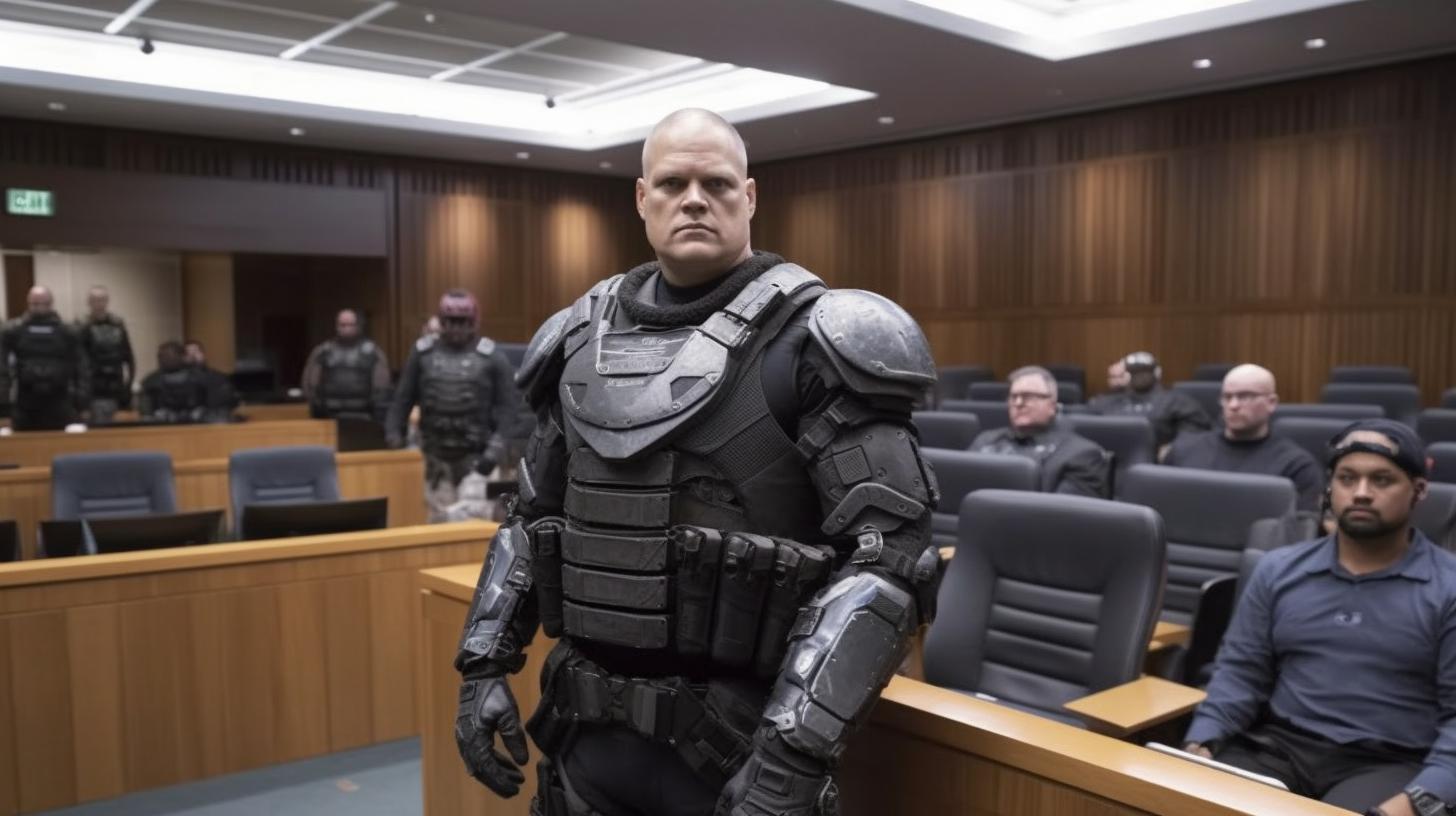 Un hombre en una armadura detallada y oscura se encuentra fuera de un tribunal, evocando un ambiente sombrío y tenso, en el estilo artístico de Jake Wood-Evans.