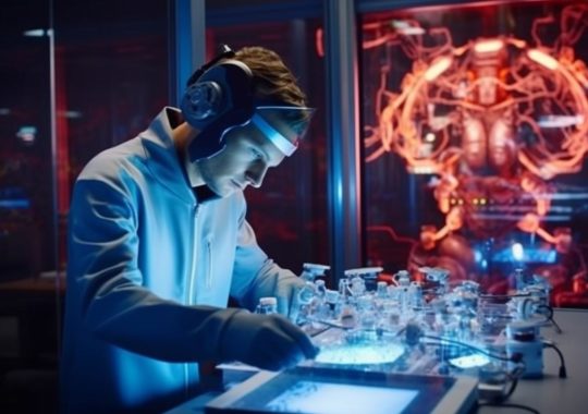 Un hombre en un laboratorio iluminado trabajando en un entorno de ciencia ficción hiperrealista, con elementos de terror y robótica, rodeado de metal líquido.