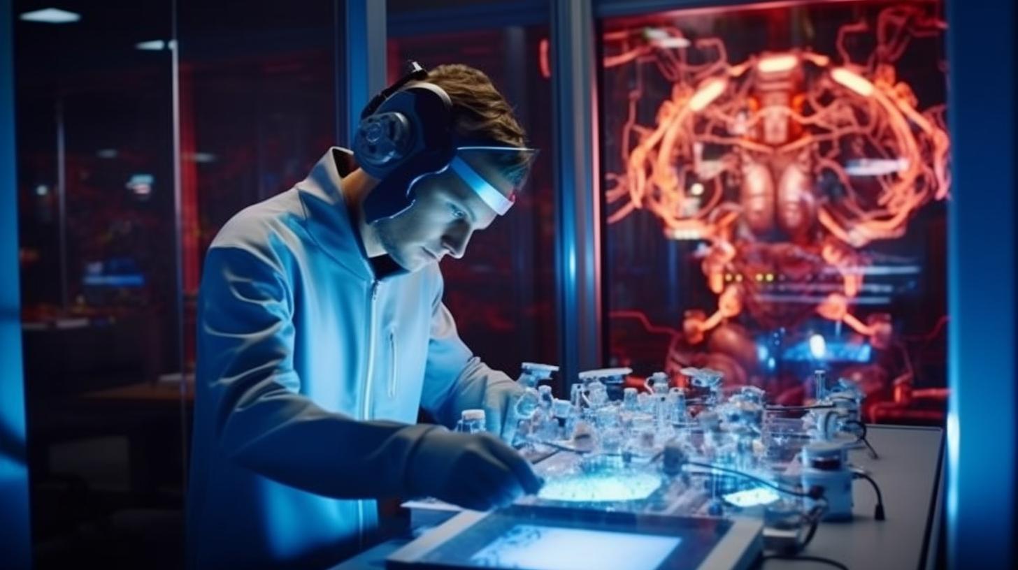 Un hombre en un laboratorio iluminado trabajando en un entorno de ciencia ficción hiperrealista, con elementos de terror y robótica, rodeado de metal líquido.