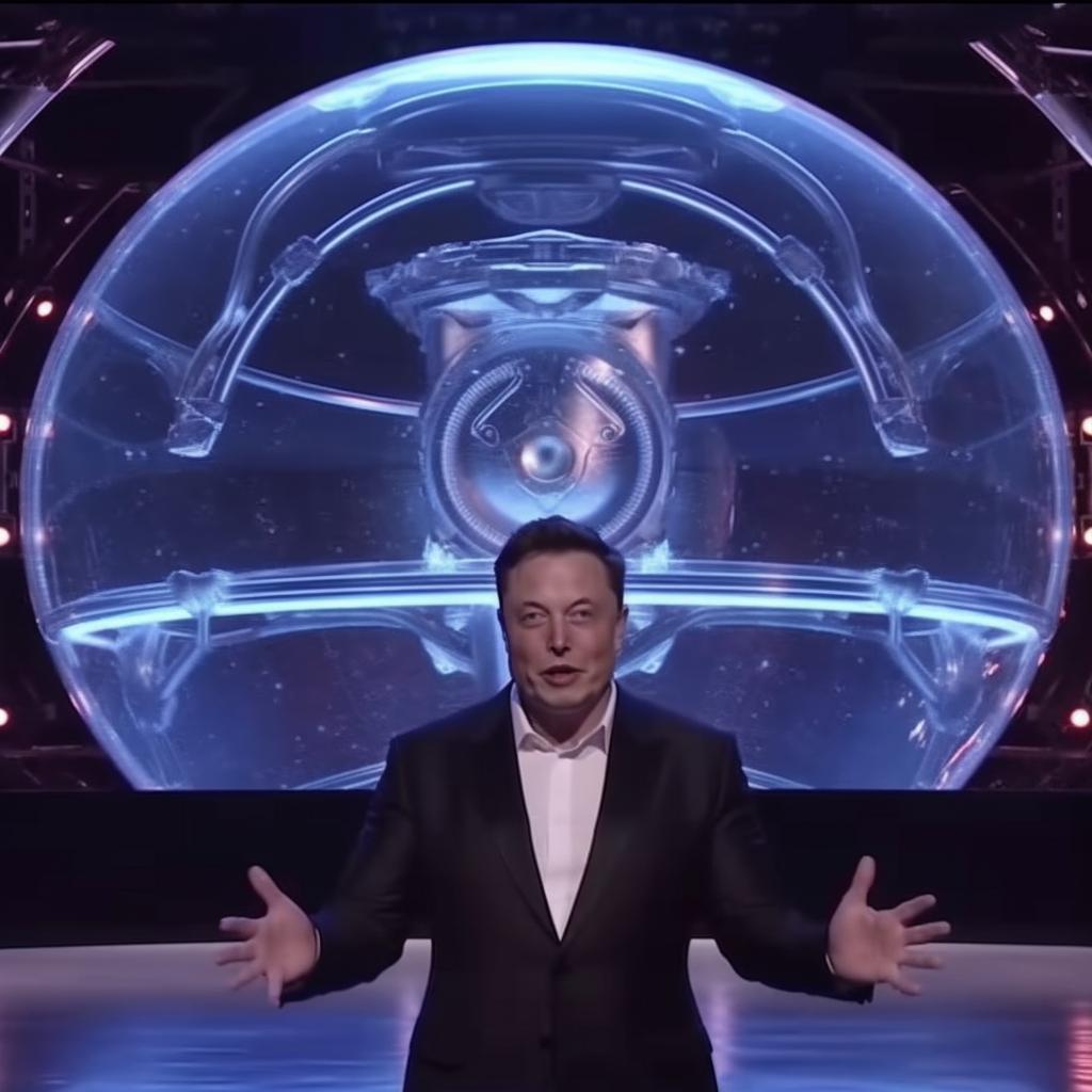 Elon Musk en un escenario con una esfera misteriosa detrás de él, en un estilo que combina elementos de lo sobrenatural, la estética rústica de una cabaña y el steampunk cibernético, con agua hiperrealista y formas simétricas.