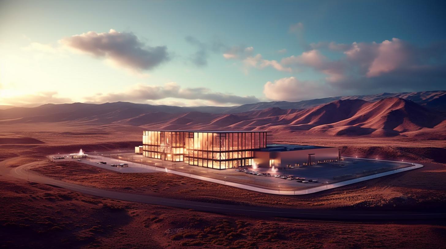"Representación digital de un edificio moderno en medio del desierto, con tonos oscuros de dorado y naranja, reflejos luminosos y elementos de paisajes industriales y naturaleza noruega."
