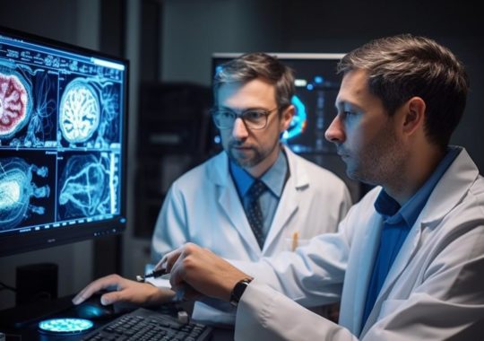 Dos médicos observando un cerebro en una pantalla, en un ambiente de colaboración y alta definición.