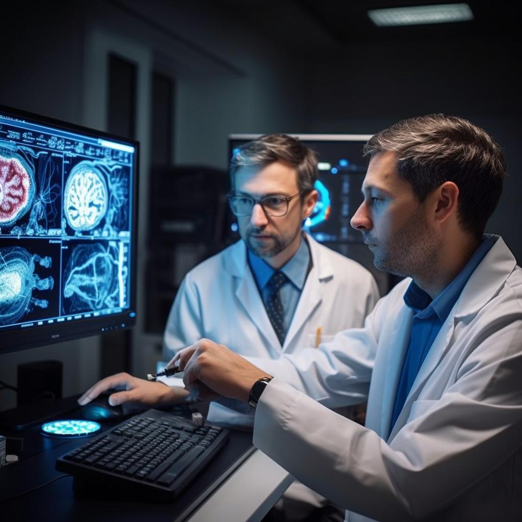 Dos médicos observando un cerebro en una pantalla, en un ambiente de colaboración y alta definición.