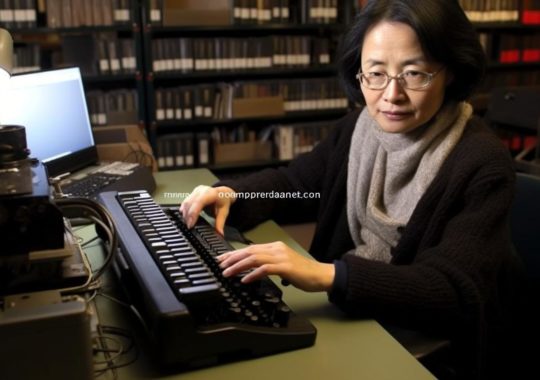 Una mujer con gafas tecleando en una antigua máquina de escribir dentro de una biblioteca, con un estilo hiperrealista y elementos de la naturaleza, evocando las obras de Vivienne Tam, Chuah Thean Teng y Ryoji Ikeda.