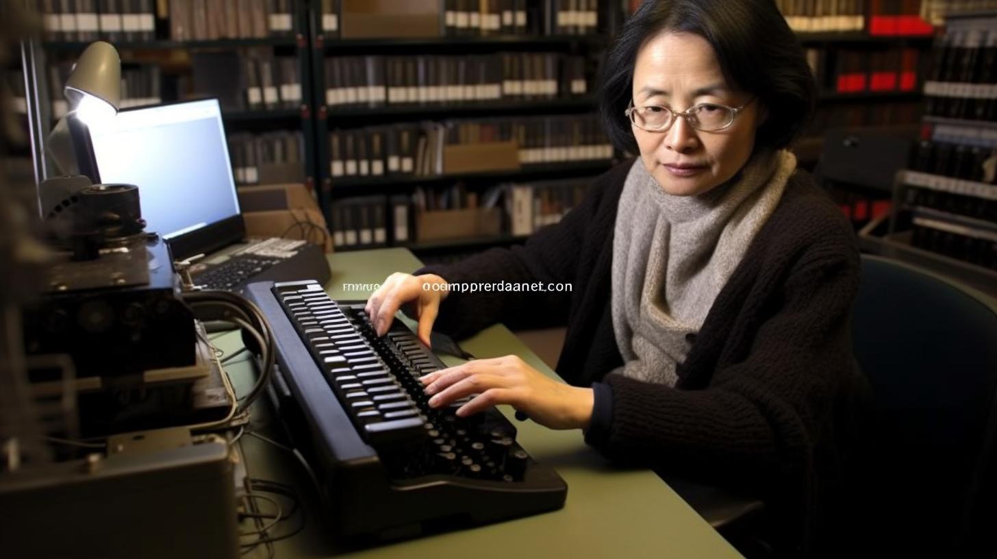 Una mujer con gafas tecleando en una antigua máquina de escribir dentro de una biblioteca, con un estilo hiperrealista y elementos de la naturaleza, evocando las obras de Vivienne Tam, Chuah Thean Teng y Ryoji Ikeda.