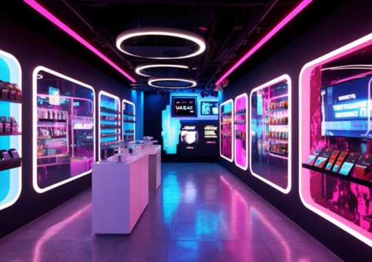 Una tienda futurista iluminada con luces de neón y etiquetas de colores brillantes, en tonos de magenta claro y bronce oscuro, que captura la esencia del momento con técnicas innovadoras.