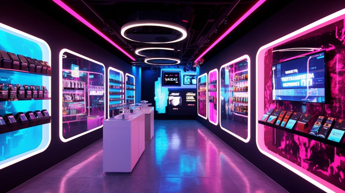 Una tienda futurista iluminada con luces de neón y etiquetas de colores brillantes, en tonos de magenta claro y bronce oscuro, que captura la esencia del momento con técnicas innovadoras.
