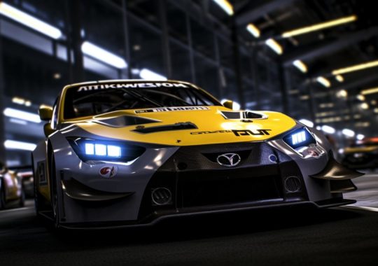 "Un auto de carreras amarillo en un garaje, capturado en un primer plano con tonalidades oscuras, evocando el estilo de Cryengine y los artistas Yuki Katsura, Jan Davidsz de Heem y Akihiko Yoshida."